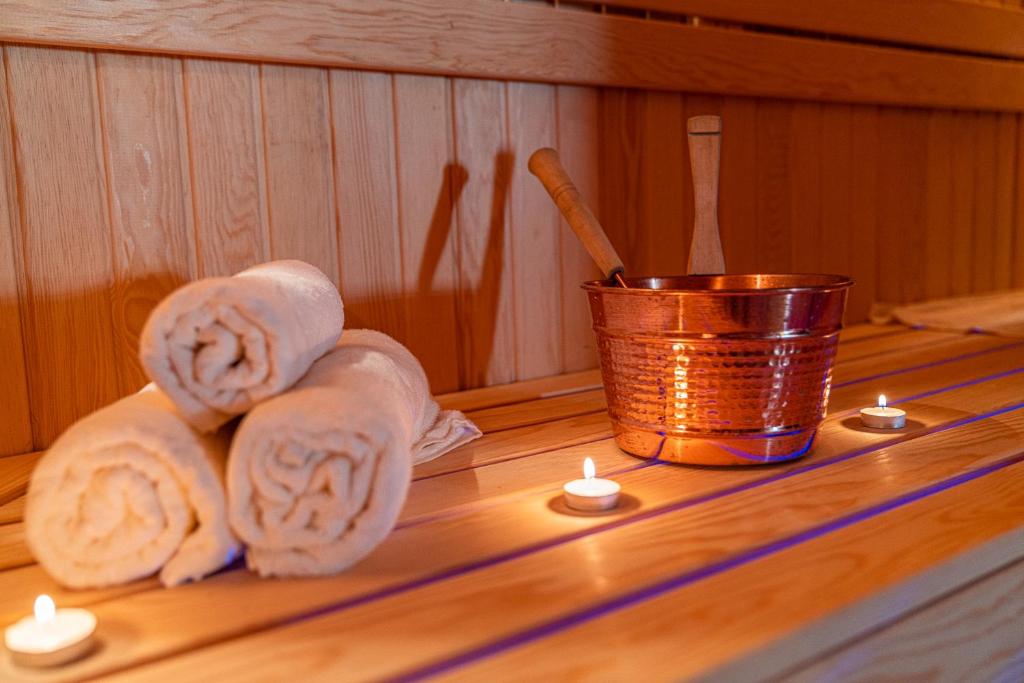 Relaxing sauna room with wooden interior